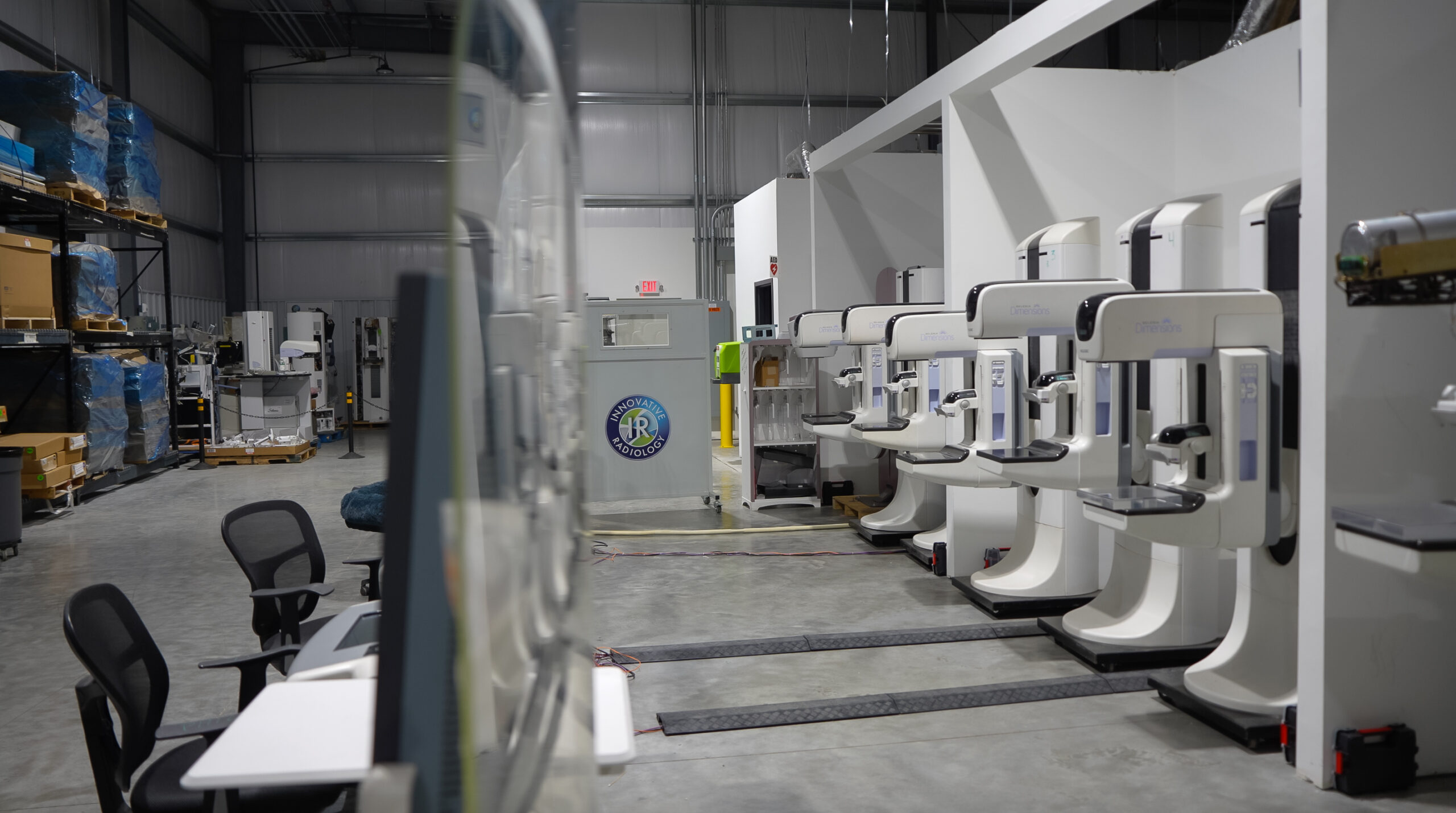 refurbished imaging equipment warehouse with mammography systems ready for installation